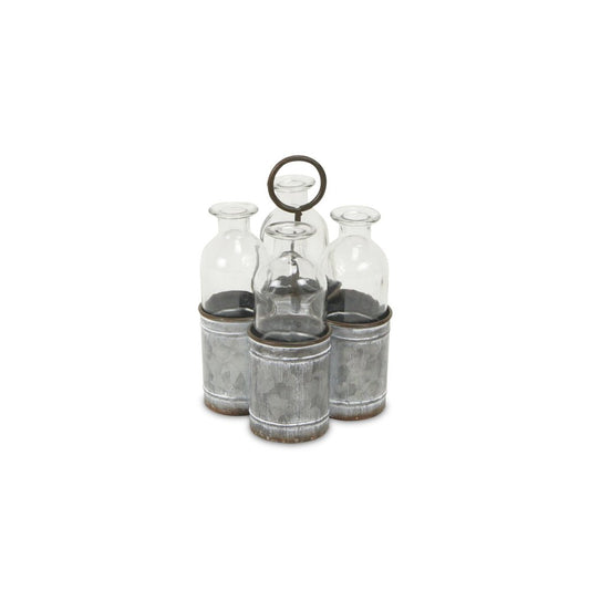Set of Four Clear Galvanized Metal and Glass Decorative Bottle Tabletop Sculpture