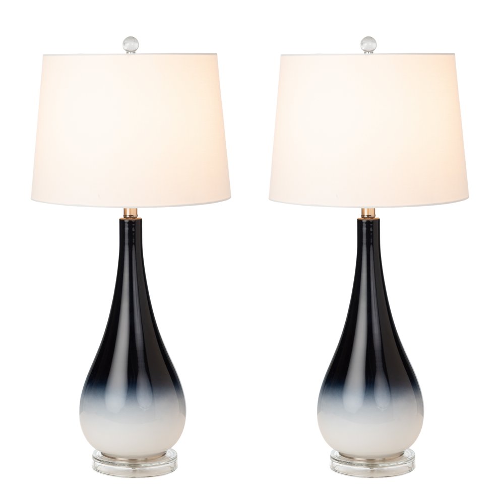 Set Of Two 31" Black And White Glass Table Lamps With White Empire Shade