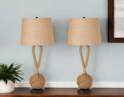 Set of Two 29" Black And Natural Rope Table Lamps With Natural Empire Shades