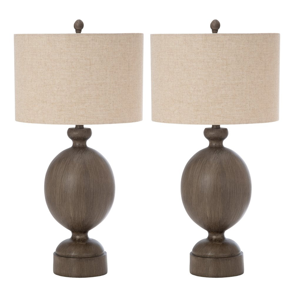 Set of Two 30" Brown Geometric Table Lamps With Beige Drum Shade