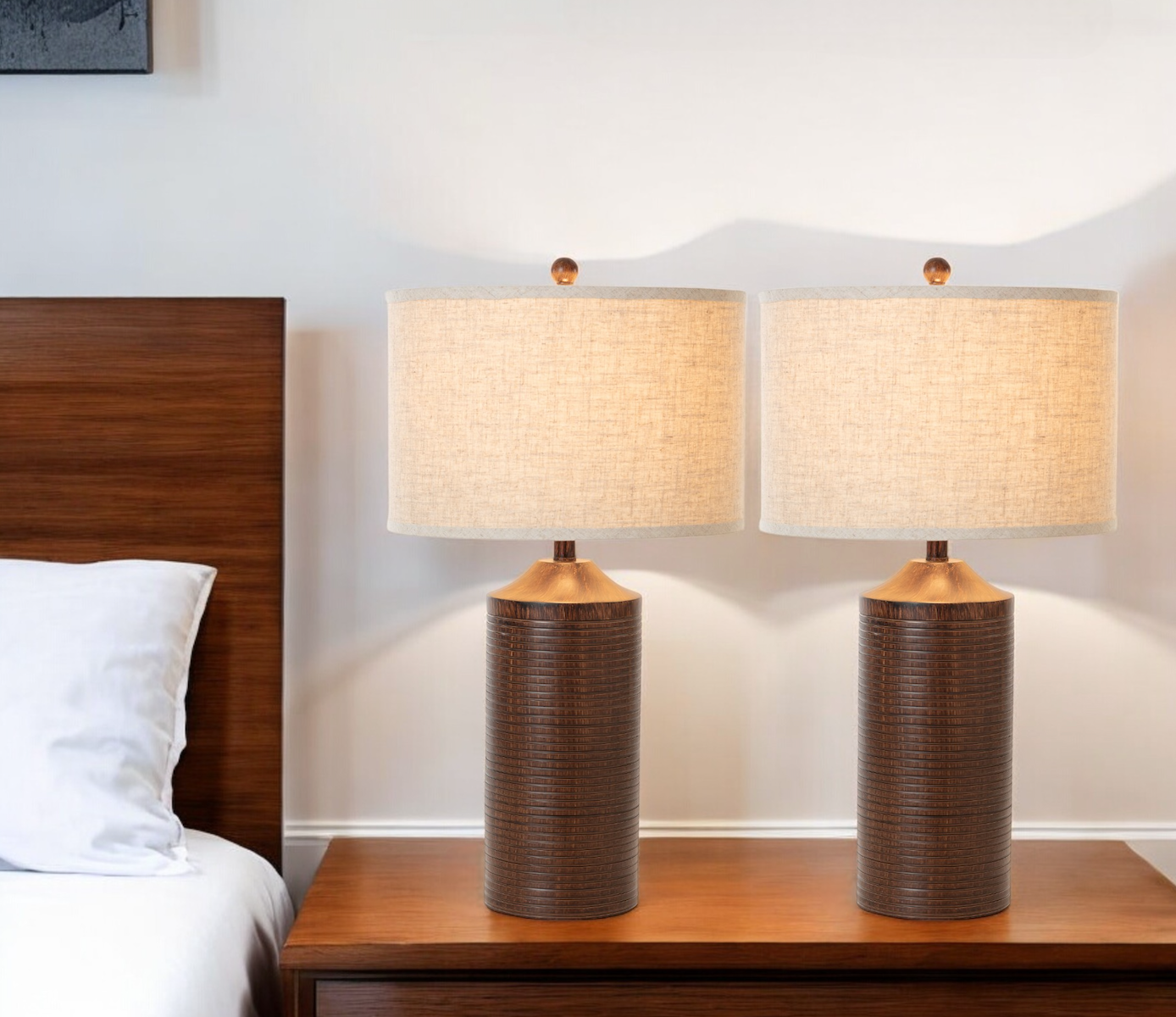 Set of Two 31" Distressed Brown Table Lamp USB With Beige Drum Shade