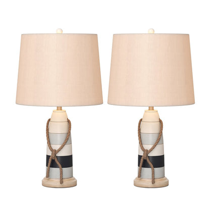 Set of Two 27" Blue White And Natural Coastal Buoy Table Lamps With Off White Empire Shade
