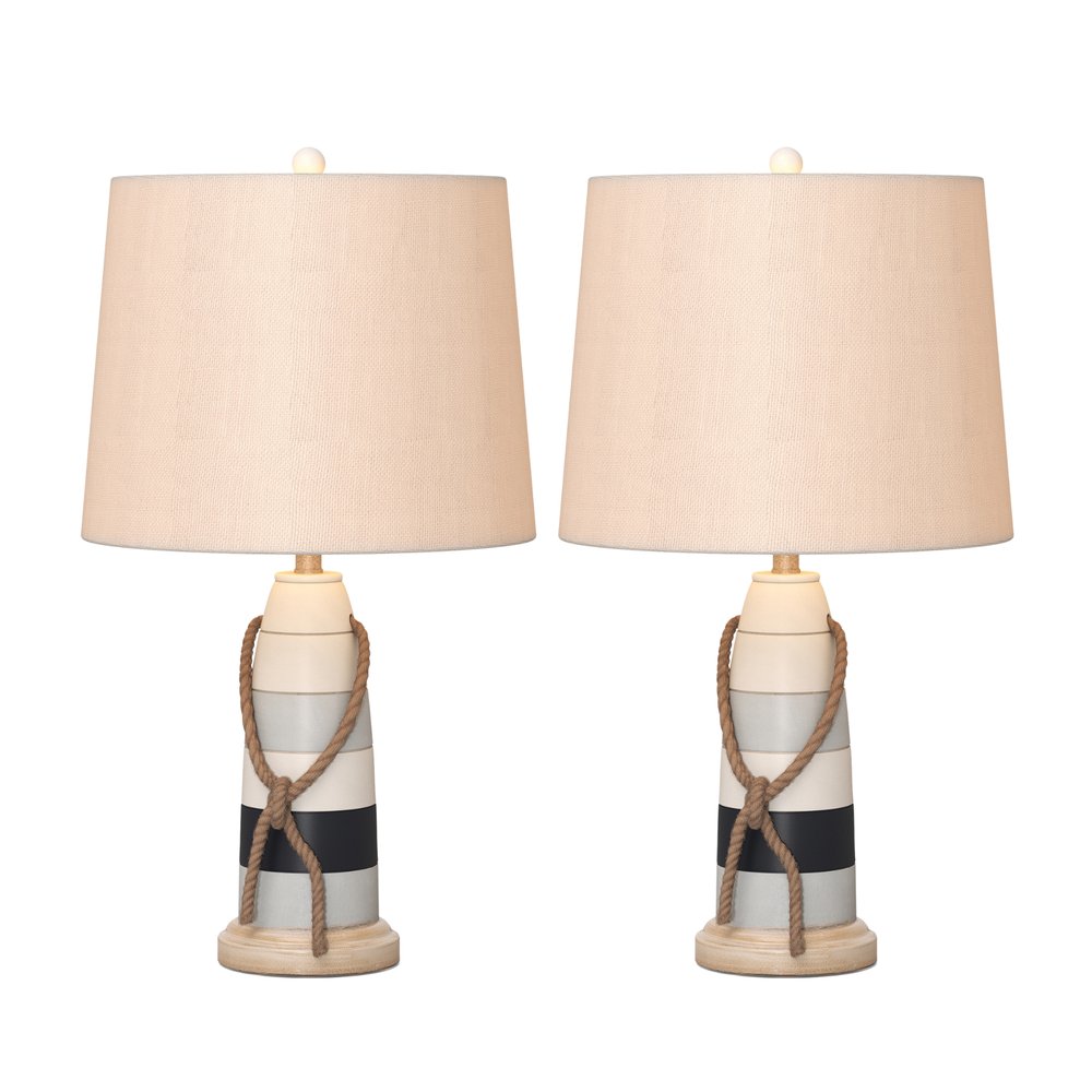 Set of Two 27" Blue White And Natural Coastal Buoy Table Lamps With Off White Empire Shade