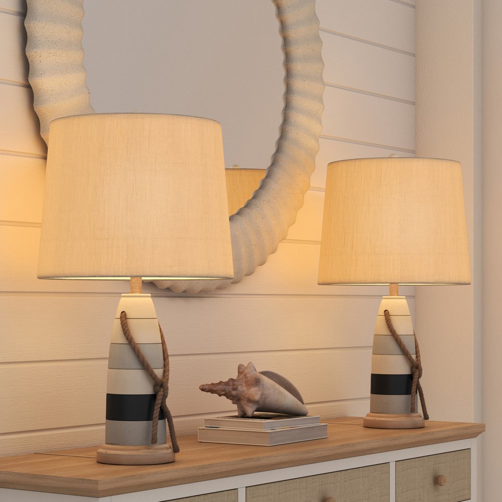 Set of Two 27" Blue White And Natural Coastal Buoy Table Lamps With Off White Empire Shade
