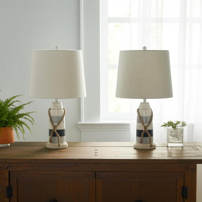 Set of Two 27" Blue White And Natural Coastal Buoy Table Lamps With Off White Empire Shade