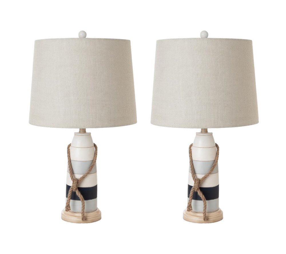 Set of Two 27" Blue White And Natural Coastal Buoy Table Lamps With Off White Empire Shade
