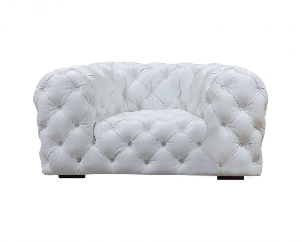 57" White And Black Top Grain Leather Tufted Arm Chair