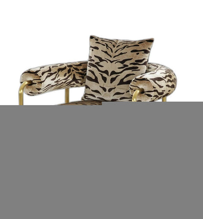 34" Beige And Black And Gold Upholstered Animal Print Barrel Chair
