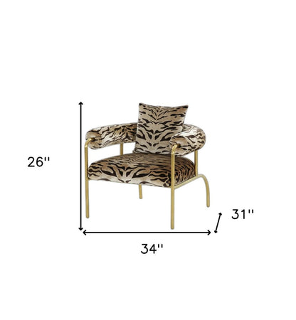 34" Beige And Black And Gold Upholstered Animal Print Barrel Chair