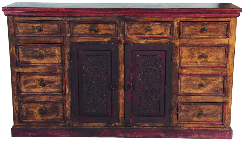 72" Brown And Red Distressed Solid Wood Carved Scrollwork Ten Drawer Buffet Table with Two Doors