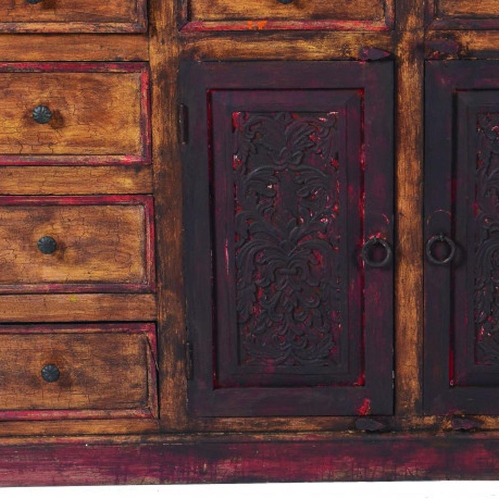 72" Brown And Red Distressed Solid Wood Carved Scrollwork Ten Drawer Buffet Table with Two Doors