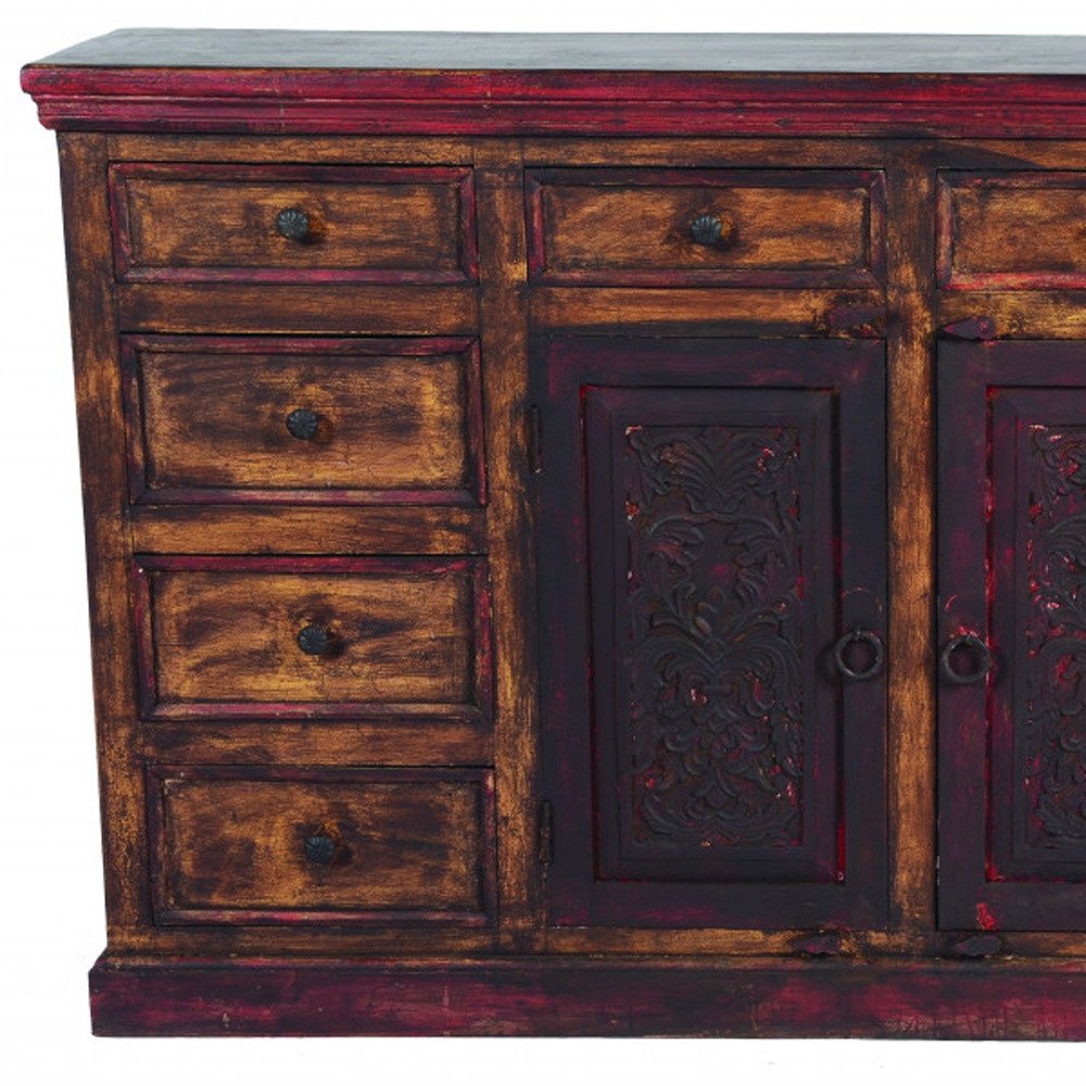 72" Brown And Red Distressed Solid Wood Carved Scrollwork Ten Drawer Buffet Table with Two Doors