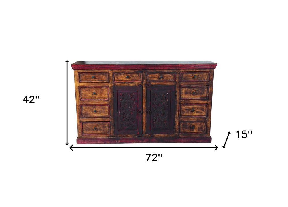 72" Brown And Red Distressed Solid Wood Carved Scrollwork Ten Drawer Buffet Table with Two Doors