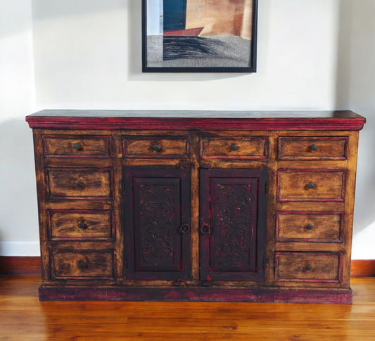 72" Brown Solid Wood Ten Drawer Buffet Table with Two Doors