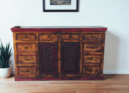 72" Brown And Red Distressed Solid Wood Carved Scrollwork Ten Drawer Buffet Table with Two Doors