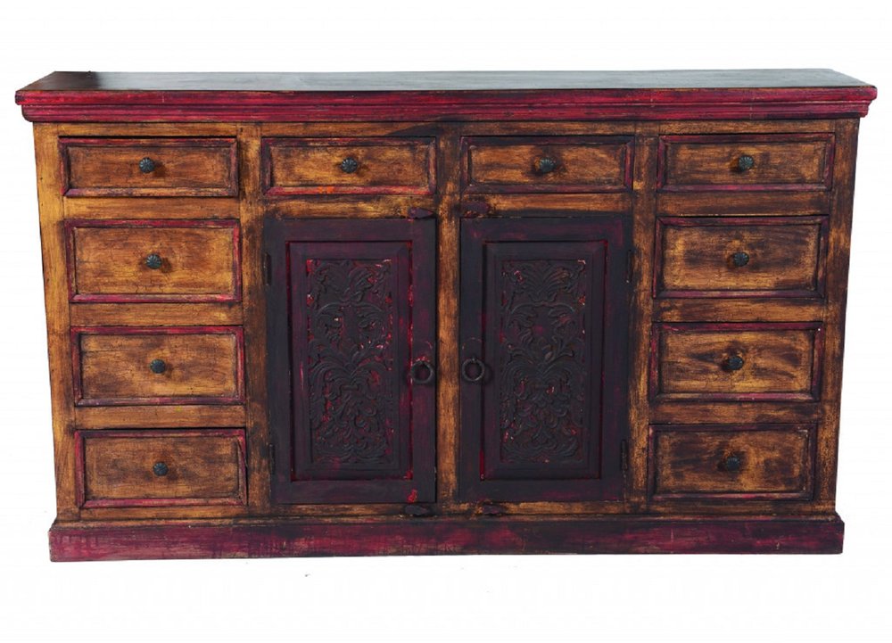 72" Brown And Red Distressed Solid Wood Carved Scrollwork Ten Drawer Buffet Table with Two Doors