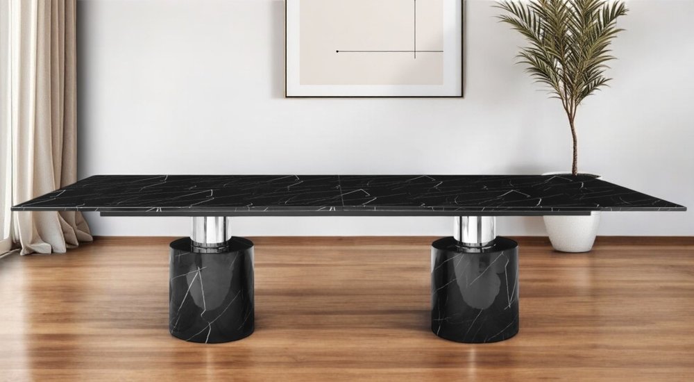 180" Black Marble Double Pedestal Base Dining Table