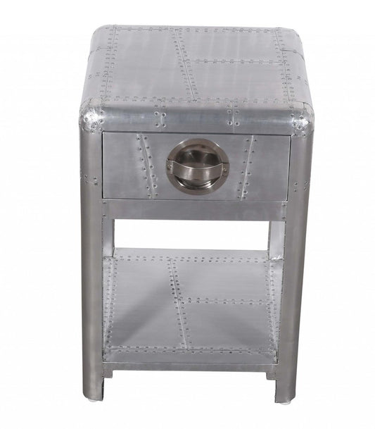 24" Silver Aluminum Square End Table With Drawer And Shelf
