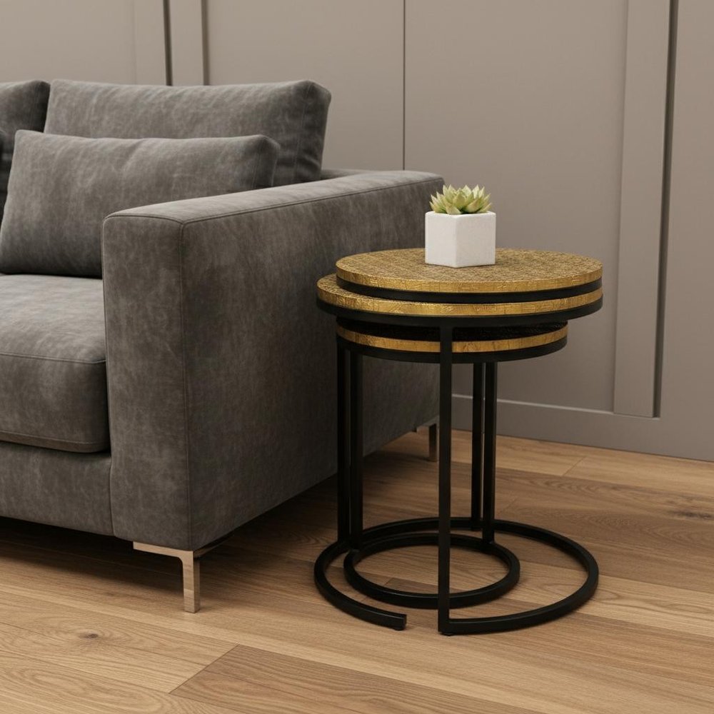 Set Of Three 19" Black And Brass Round Nested Tables