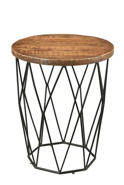 24" Black And Natural Brown Solid Wood And Iron Round End Table