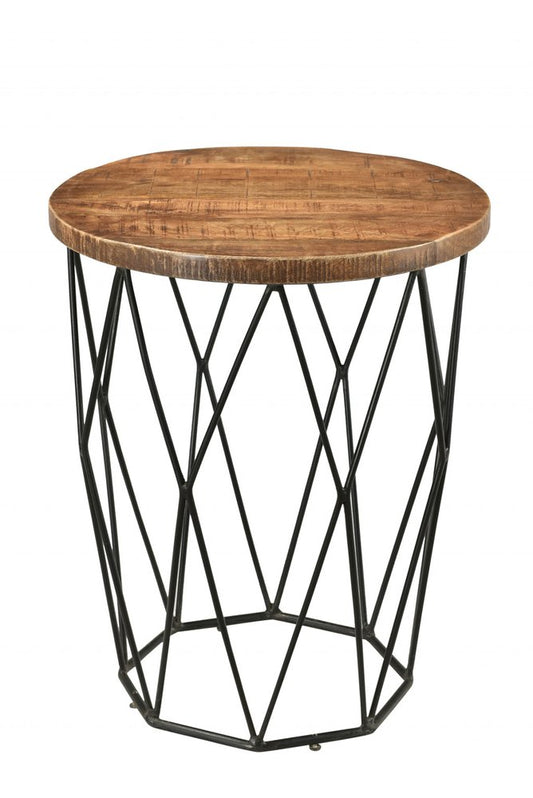 24" Black And Natural Brown Solid Wood And Iron Round End Table