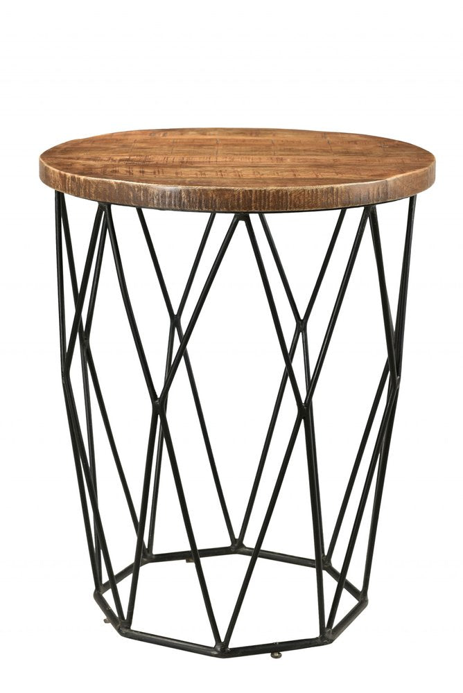 24" Black And Natural Brown Solid Wood And Iron Round End Table