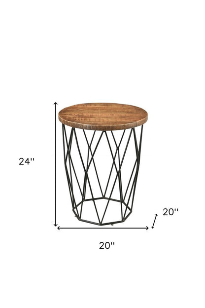 24" Black And Natural Brown Solid Wood And Iron Round End Table