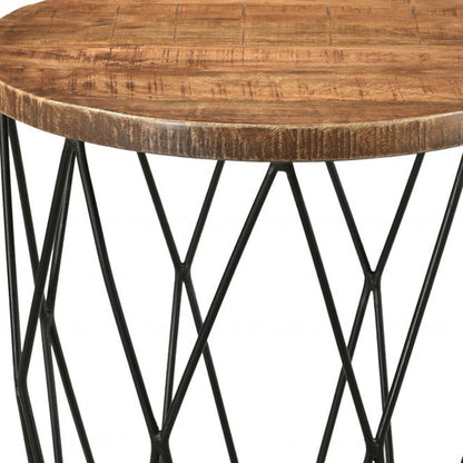 24" Black And Natural Brown Solid Wood And Iron Round End Table
