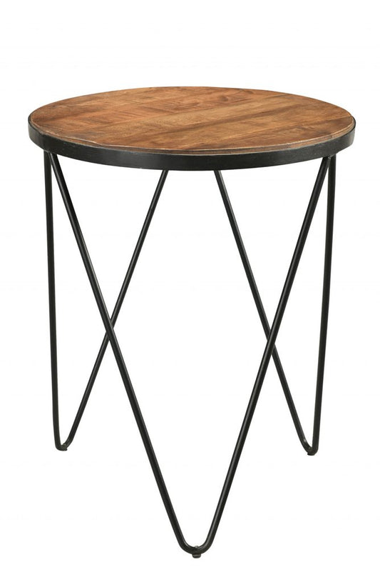 24" Black And Natural Brown Solid Wood And Iron Round End Table