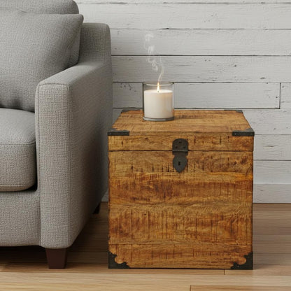 20" Natural Distressed Solid Wood Square Block End Table With Trunk Storage
