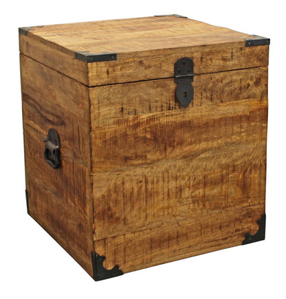 20" Natural Distressed Solid Wood Square Block End Table With Trunk Storage