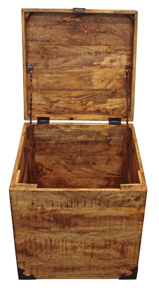20" Natural Distressed Solid Wood Square Block End Table With Trunk Storage