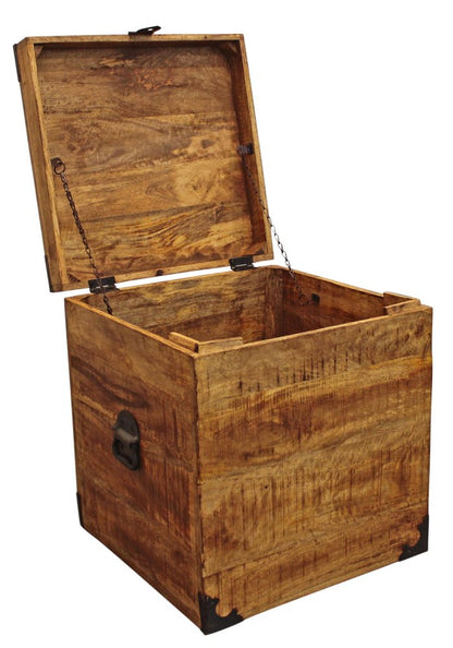 20" Natural Distressed Solid Wood Square Block End Table With Trunk Storage