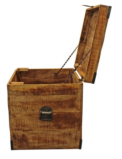 20" Natural Distressed Solid Wood Square Block End Table With Trunk Storage