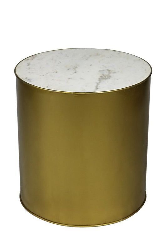 24" Antique Brass And White Marble And Iron Round End Table