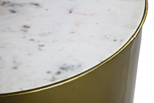 24" Antique Brass And White Marble And Iron Round End Table
