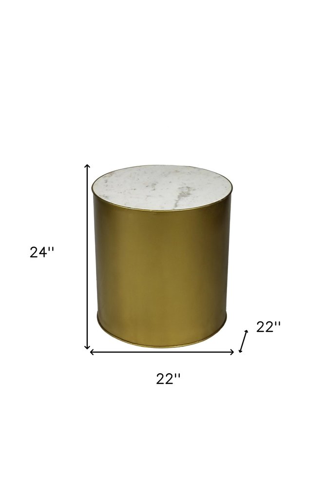 24" Antique Brass And White Marble And Iron Round End Table