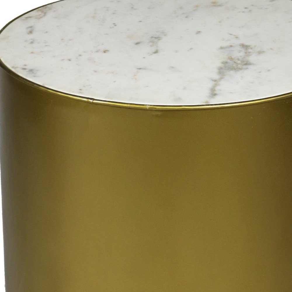 24" Antique Brass And White Marble And Iron Round End Table