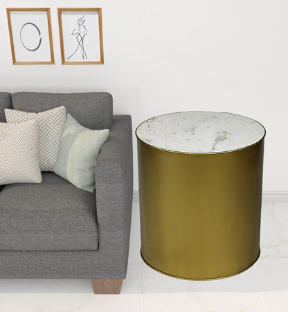 24" Antique Brass And White Marble And Iron Round End Table