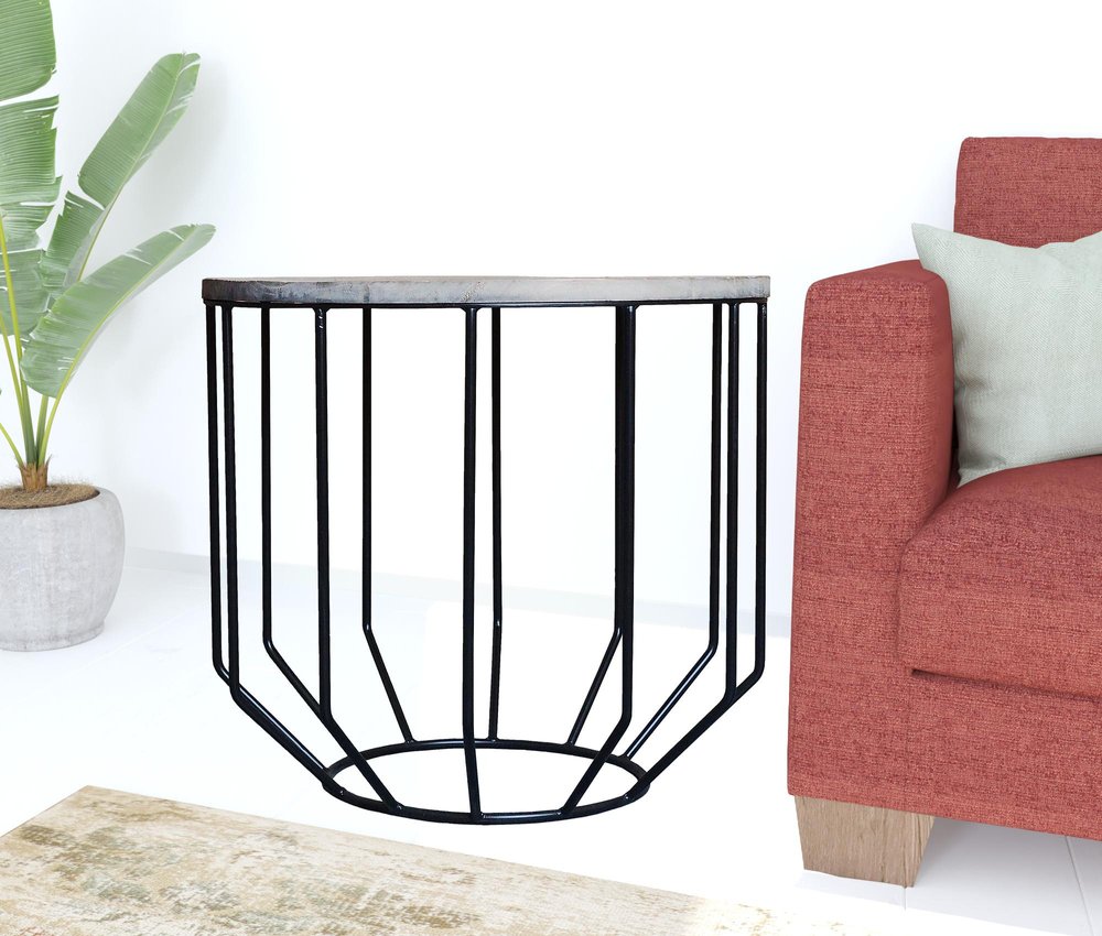 20" Black And Brown Solid Wood And Iron Round End Table
