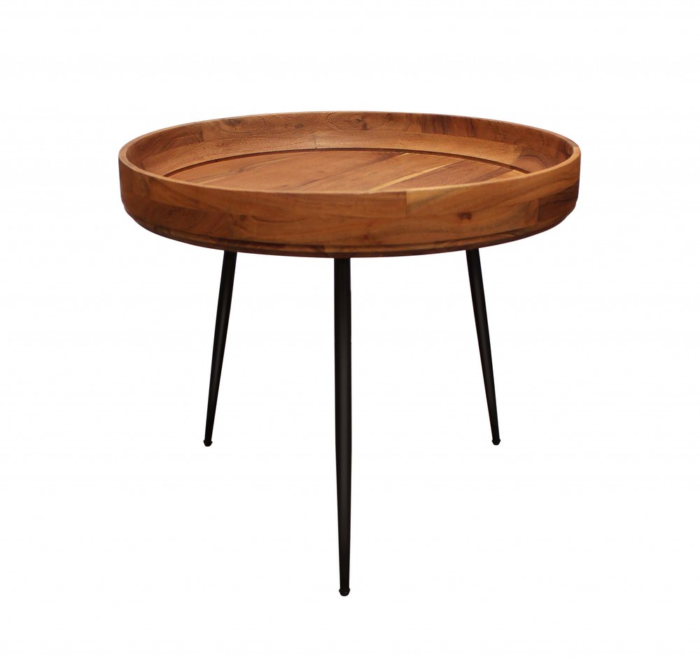 18" Natural And Black Distressed Solid Wood And Iron Round End Table