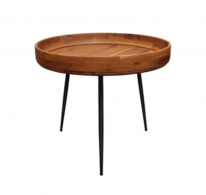 18" Natural And Black Distressed Solid Wood And Iron Round End Table