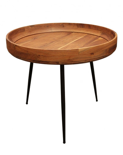 18" Natural And Black Distressed Solid Wood And Iron Round End Table