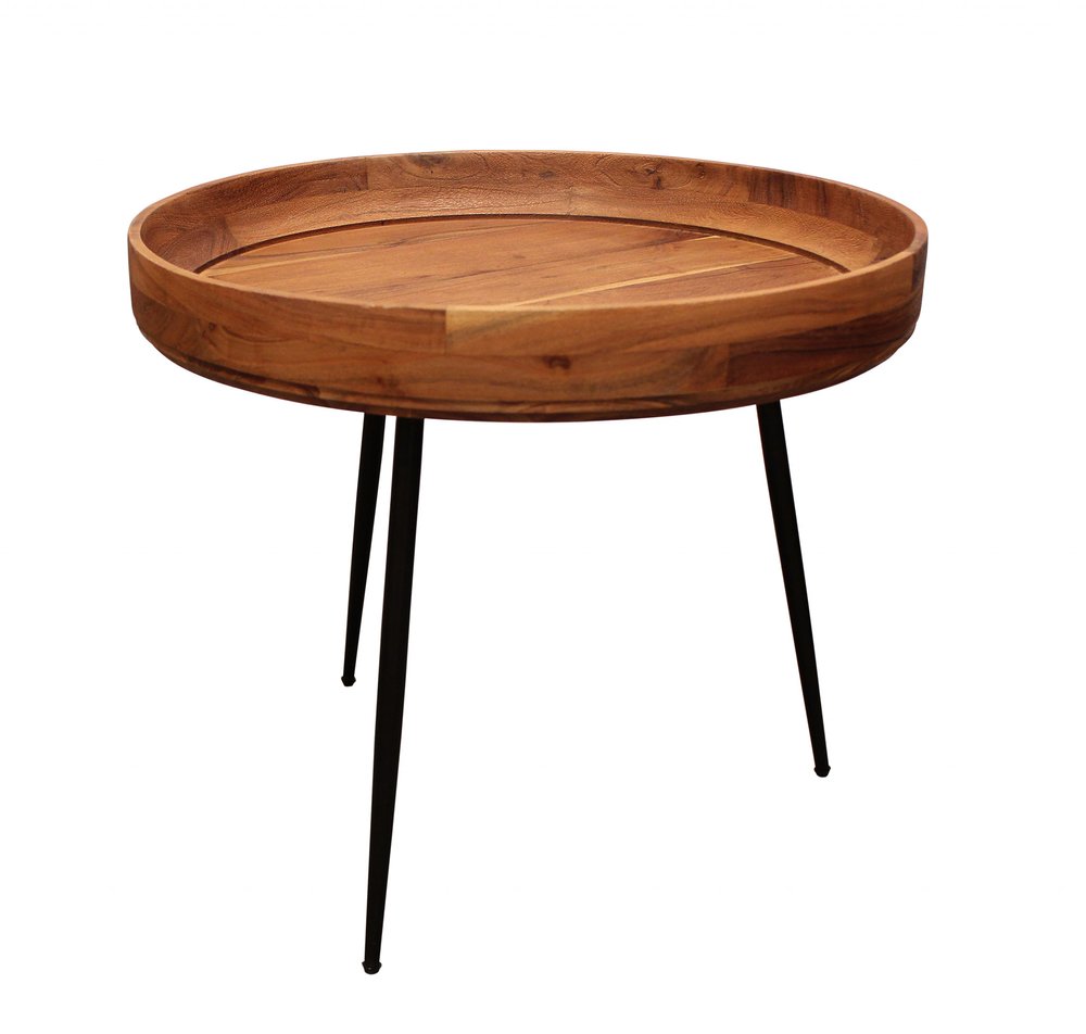 18" Natural And Black Distressed Solid Wood And Iron Round End Table