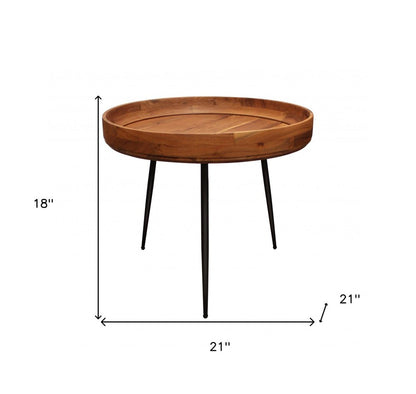 18" Natural And Black Distressed Solid Wood And Iron Round End Table