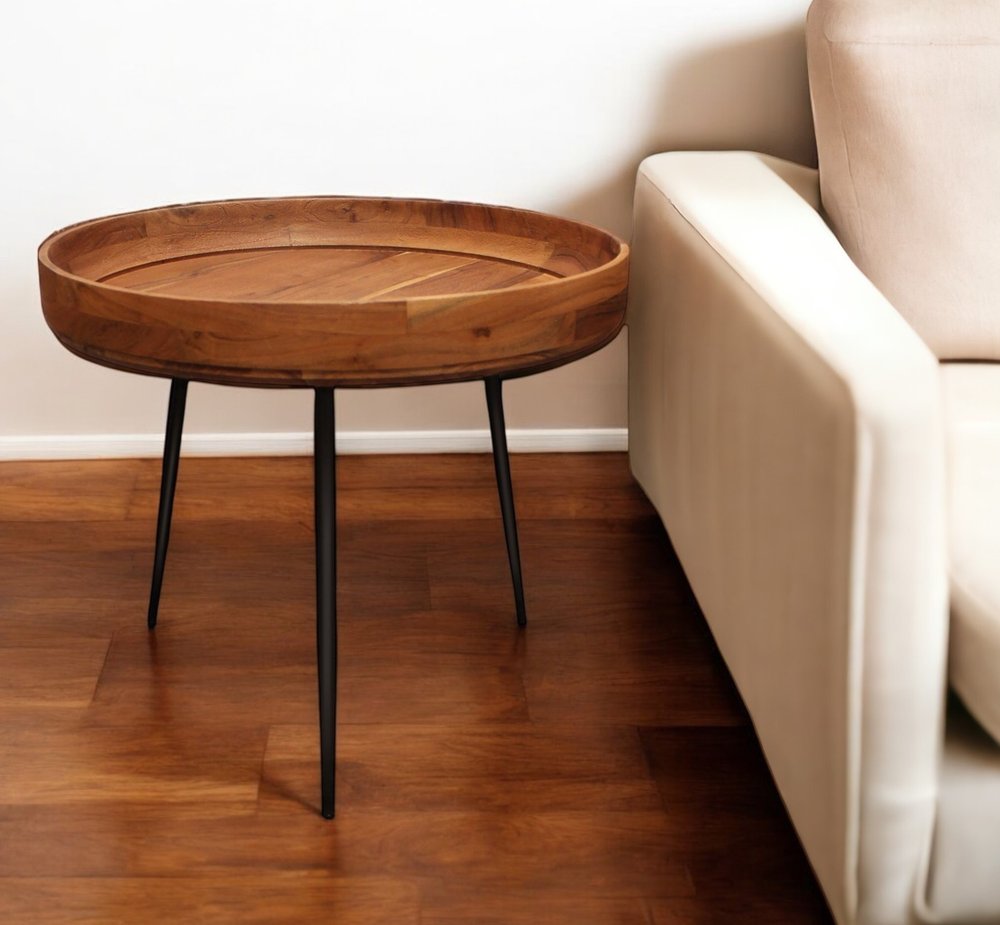 18" Natural And Black Distressed Solid Wood And Iron Round End Table