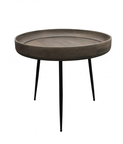 18" Gray And Black Distressed Solid Wood And Iron Round End Table