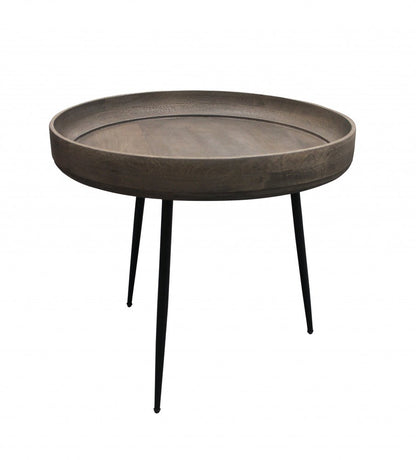18" Gray And Black Distressed Solid Wood And Iron Round End Table