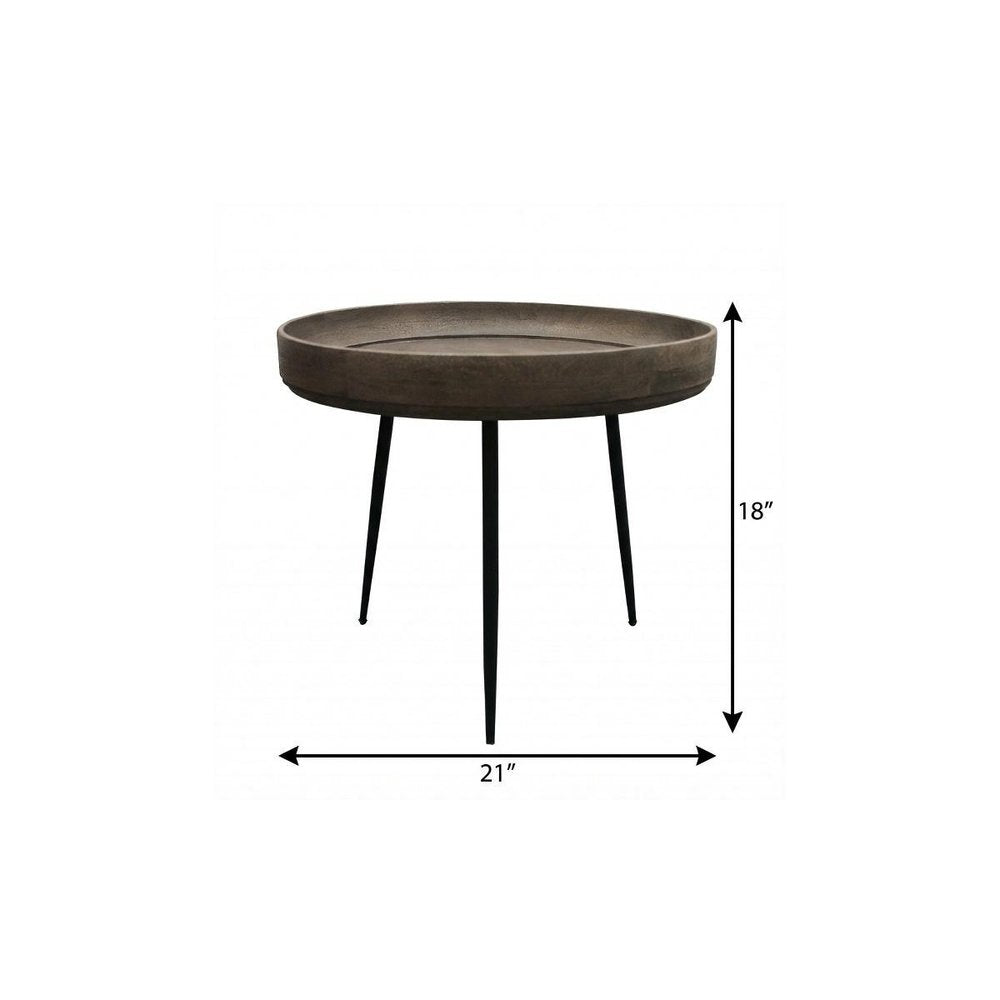 18" Gray And Black Distressed Solid Wood And Iron Round End Table