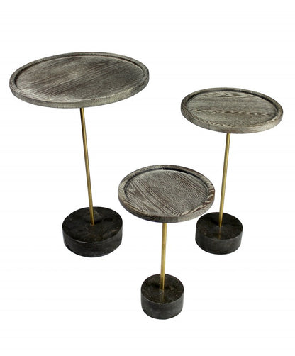 26" Black And Brown Solid Wood And Marble Round End Table